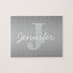 White Cursive & Grey Monogram   Editable Colors Jigsaw Puzzle