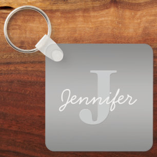White Cursive & Grey Monogram   Editable Colors Key Ring
