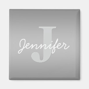 White Cursive & Grey Monogram Editable Colors Magnet