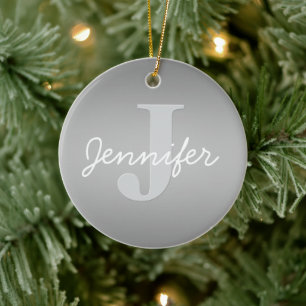 White Cursive & Grey Monogram   Editable Colours Ceramic Tree Decoration