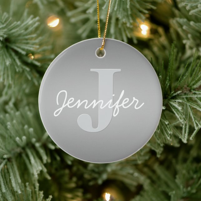 White Cursive & Grey Monogram | Editable Colours Ceramic Tree Decoration (Tree)