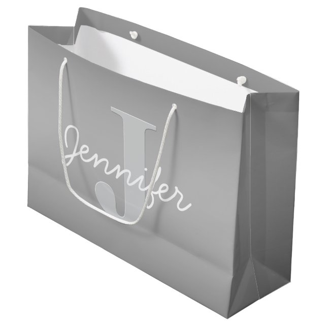 White Cursive & Grey Monogram | Editable Colours Large Gift Bag (Front Angled)