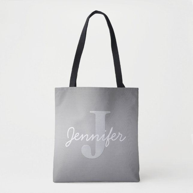 White Cursive & Grey Monogram | Editable Colours Tote Bag (Front)