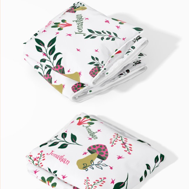 White Custom Baby Name and Mushrooms Forest Fleece Blanket (The cutest mushrooms and custom baby name ever!)