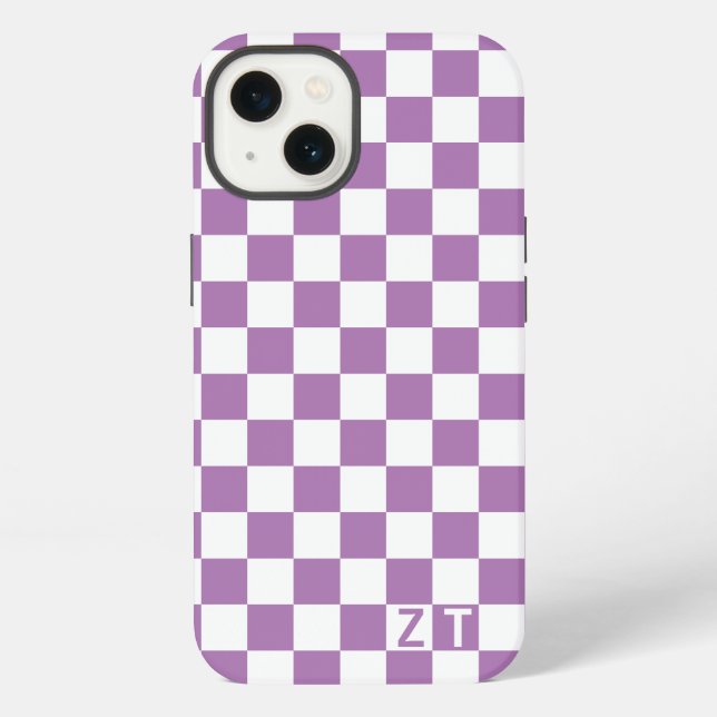 White & custom colour chequered pattern w initials iPhone case (Back)