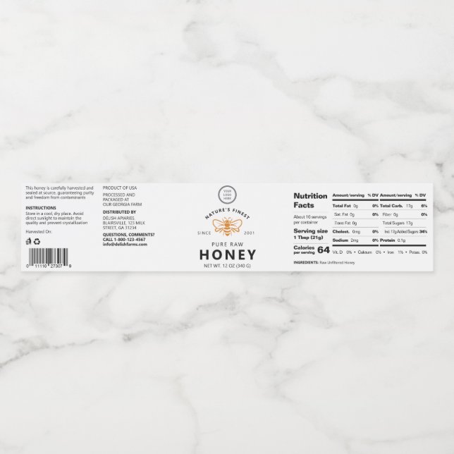 White Customisable Honey Bee Jar Wraparound Label (Single Label)