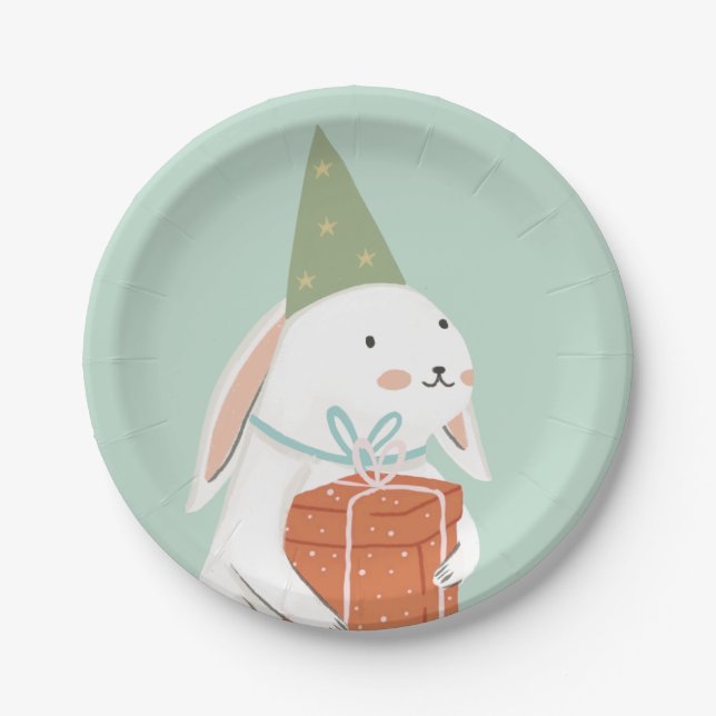 White Cute Bunny Birthday  Paper Plate (Front)