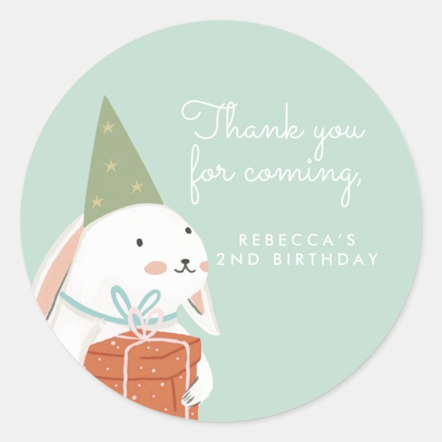white. Cute Bunny Birthday Thank you Classic Round Sticker (Front)
