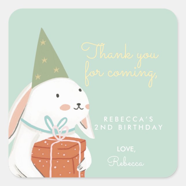 White Cute Bunny Birthday Thank you Square Sticker (Front)