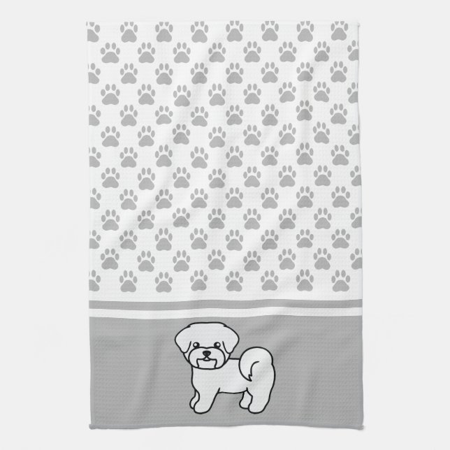 White Cute Cartoon Maltese With Grey Paws Pattern Tea Towel (Vertical)