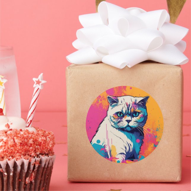 White Cute Cat Colourful Circle Sticker (Party)