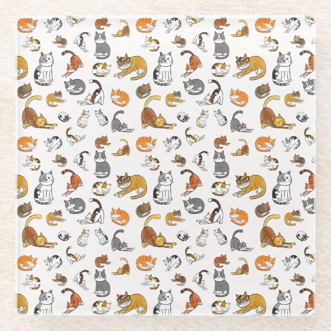 white cute cat pattern design for cat lovers- glass coaster (Front)