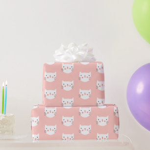White Cute Cat Pink  Wrapping Paper