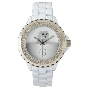 White Cute Owl Animal Silver Monogram Watch