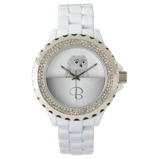 White Cute Owl Animal  Silver Monogram Watch (Front)