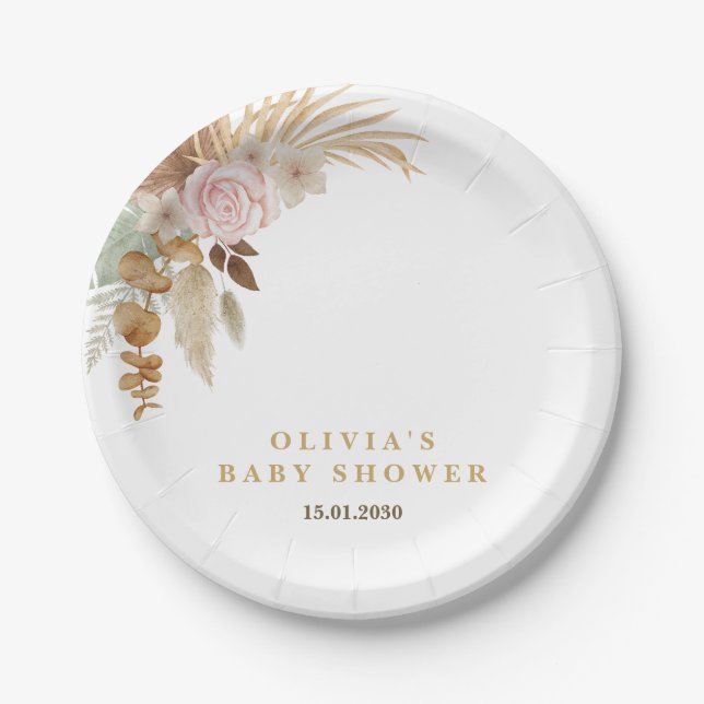 White Cute Watercolor Flower Baby Shower Paper Plate (Front)