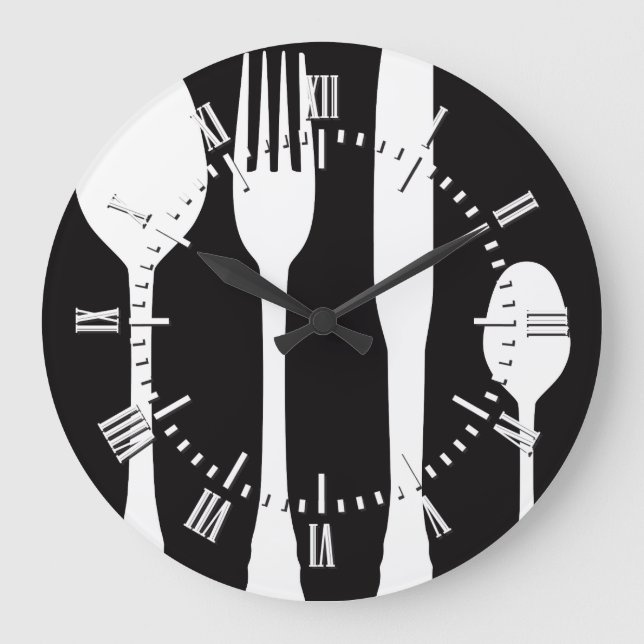 White Cutlery on Black Cafe Patisserie Restaurant Large Clock (Front)