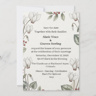 White Cyclamen, Berries, Watercolor Foliage, Botan Invitation