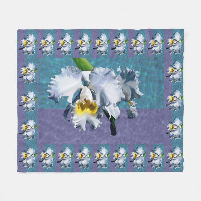 White Cymbidium Orchid Fleece Blanket (Front (Horizontal))