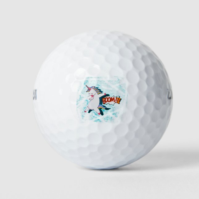 White Dabbing Unicorn With Boom Comic Text Golf Balls (Front)