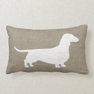 White Dachshund Silhouette Faux Linen Burlap Style Lumbar Cushion