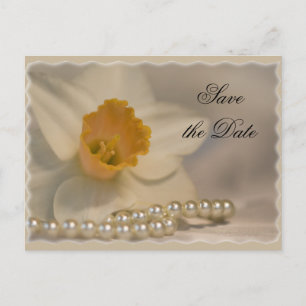 White Daffodil and Pearls Wedding Save the Date Announcement Postcard
