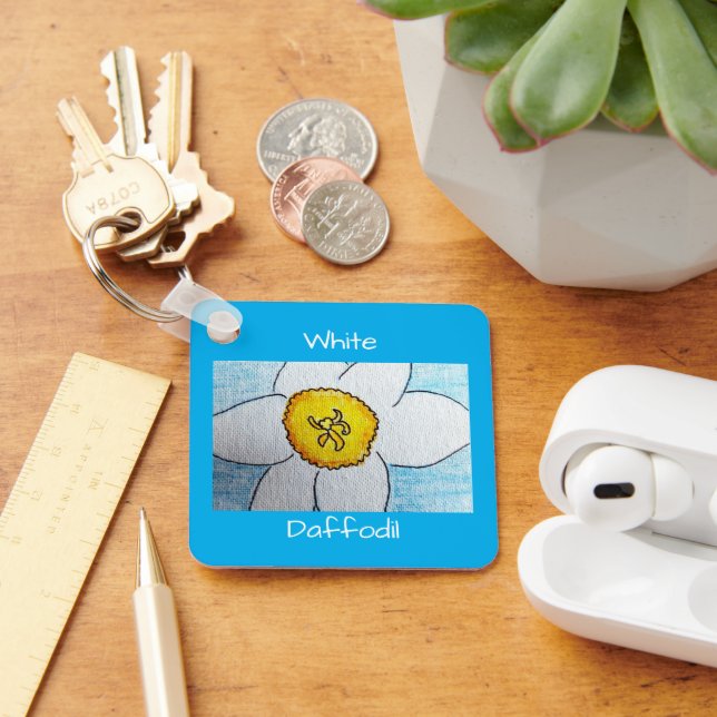 White Daffodil Azure Blue Key Ring (Desk)