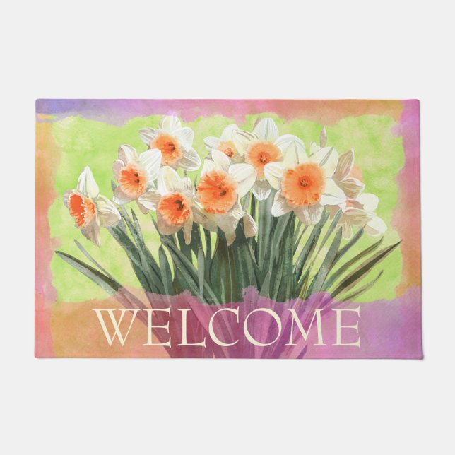 White Daffodil with Coral Floral Welcome Doormat (Front)