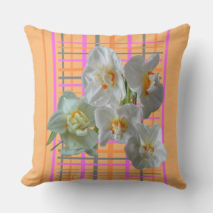 White Daffodils Chequered Pattern Throw Pillow