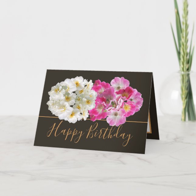 White Daffodils Pink Roses Floral Bouquet Birthday Card (Front)