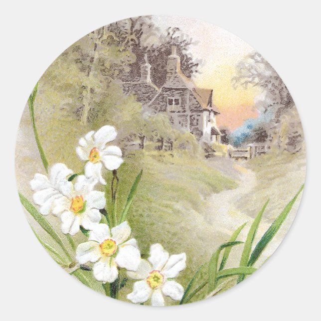 White Daffodils Vintage Easter Classic Round Sticker (Front)