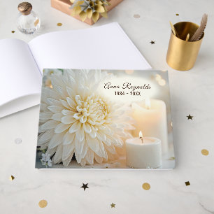 White Dahlia and Candles Memorial Service Guest Book