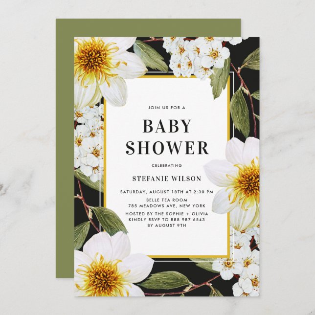 White Dahlia and Spirea Botanical Baby Shower Invitation (Front/Back)