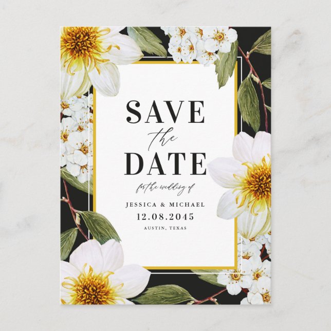 White Dahlia and Spirea Botanical Save The Date Announcement Postcard (Front)