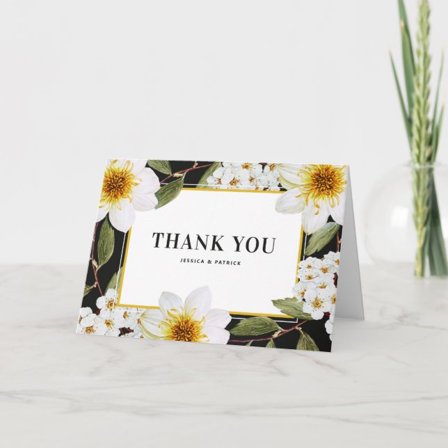 White Dahlia and Spirea Botanical Wedding Thank You Card (Front)