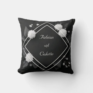 White Dahlia Black Leaf Diamond Frame Cushion