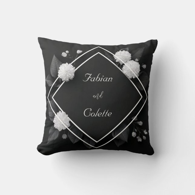 White Dahlia Black Leaf Diamond Frame Cushion (Front)
