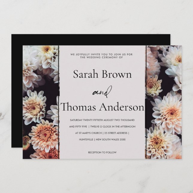 WHITE DAHLIA FLORAL ELEGANT BRIDAL WEDDING INVITATION (Front/Back)
