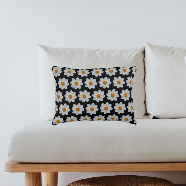 White Dahlia Floral Pattern on Black Decorative Cushion (In Situ Sofa)