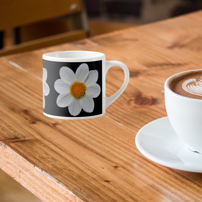 White Dahlia Floral Pattern on Black Espresso Cup (In Situ)