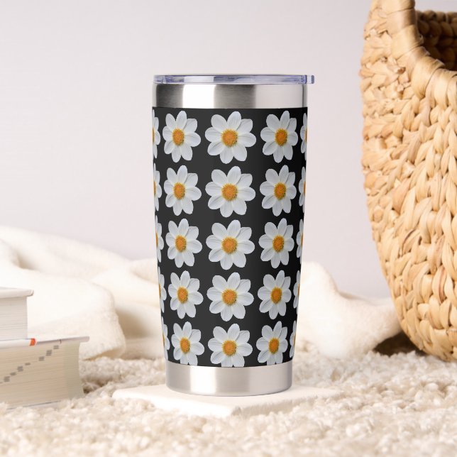 White Dahlia Floral Pattern on Black Insulated Tumbler (Living Room)