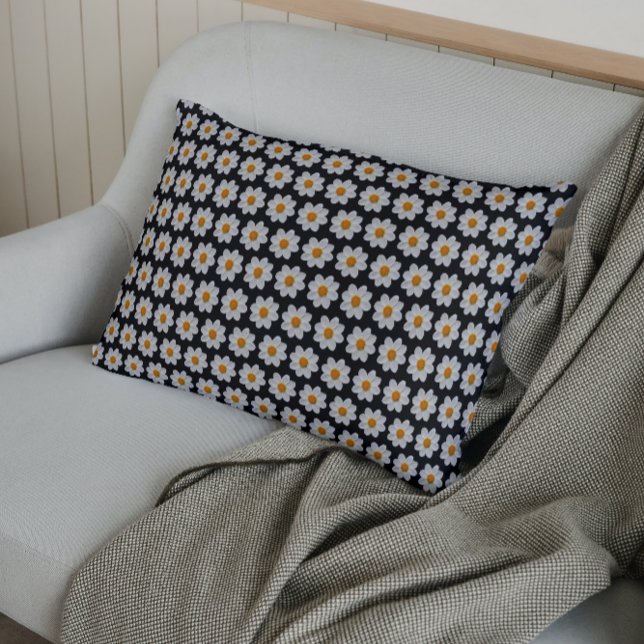 White Dahlia Floral Pattern on Black Pillowcase (In Situ)