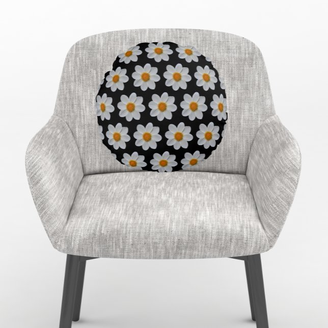 White Dahlia Floral Pattern on Black Round Cushion (In Situ Chair)