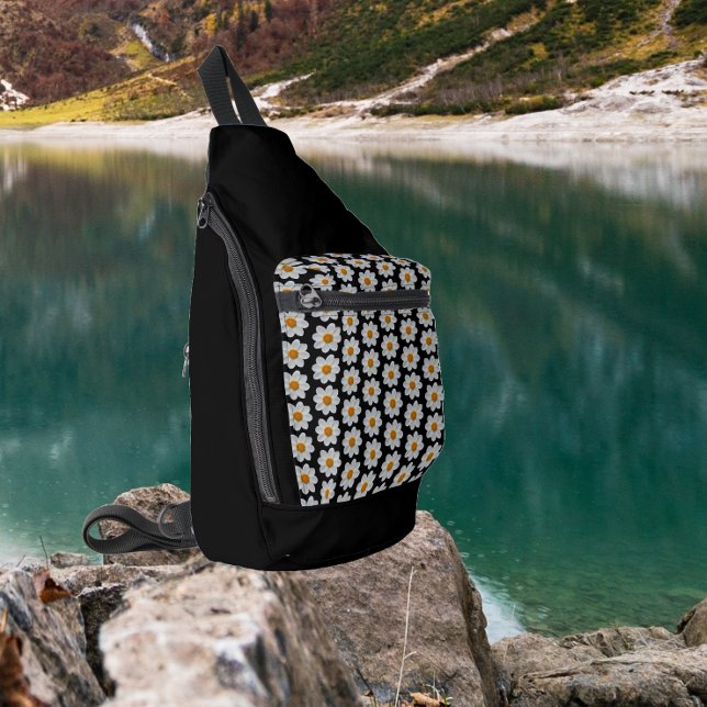 White Dahlia Floral Pattern on Black Sling Bag (In Situ)