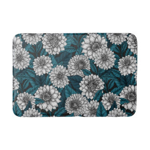White Dahlia garden/ blue leaves 2 Bath Mat