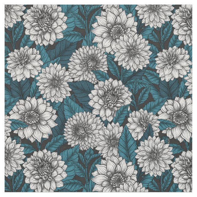 White Dahlia garden/ blue leaves 2 Fabric (Close Up)
