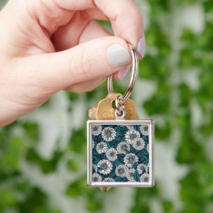 White Dahlia garden/ blue leaves 2 Key Ring
