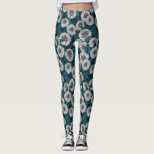 White Dahlia garden/ blue leaves 2 Leggings