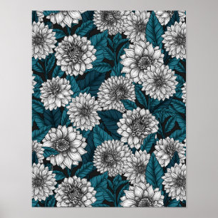 White Dahlia garden/ blue leaves 2 Poster