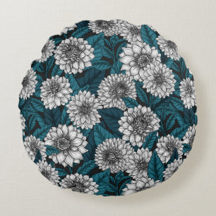 White Dahlia garden/ blue leaves 2 Round Cushion